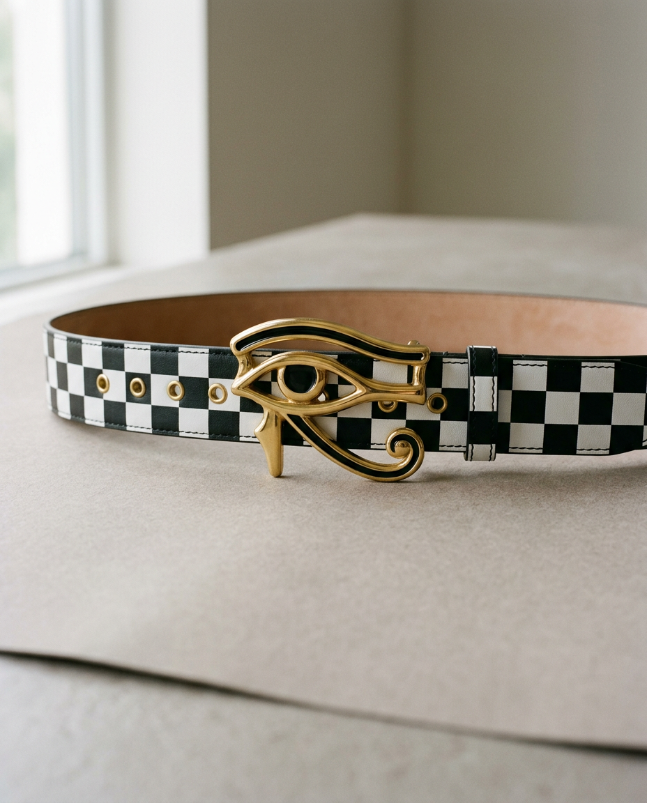 Prototype two-tone checkered leather belt with Eye of Ra buckle