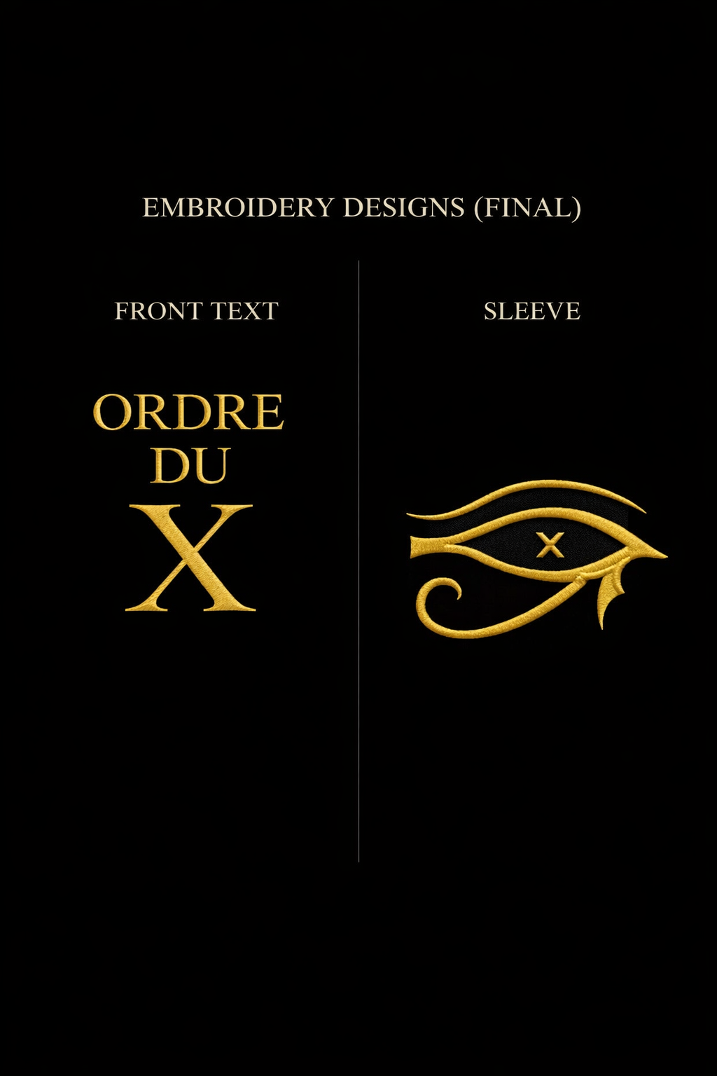 Gold XX embroidery on black fabric